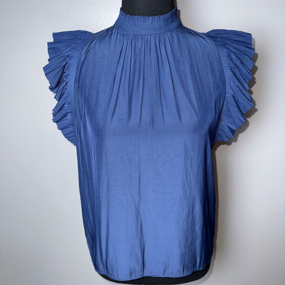 FRAME Twilight Blue Pleated Ruffle Cap Sleeve Mock Neck Blouse XS LWSH1254